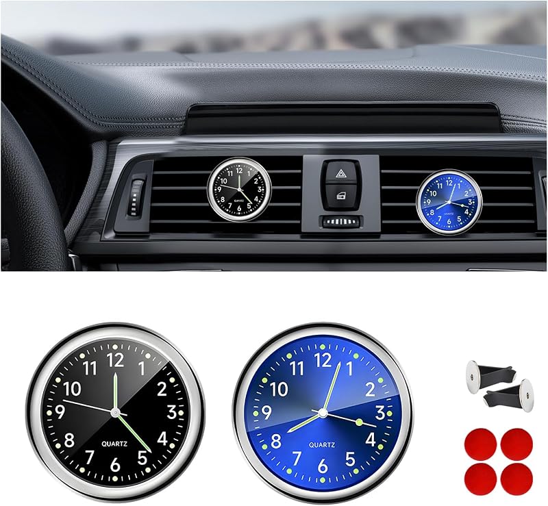 Relógio analógico automotivo DXNQ luminoso para painel com clip de ventilação – 2 unidades Azul + Preto
