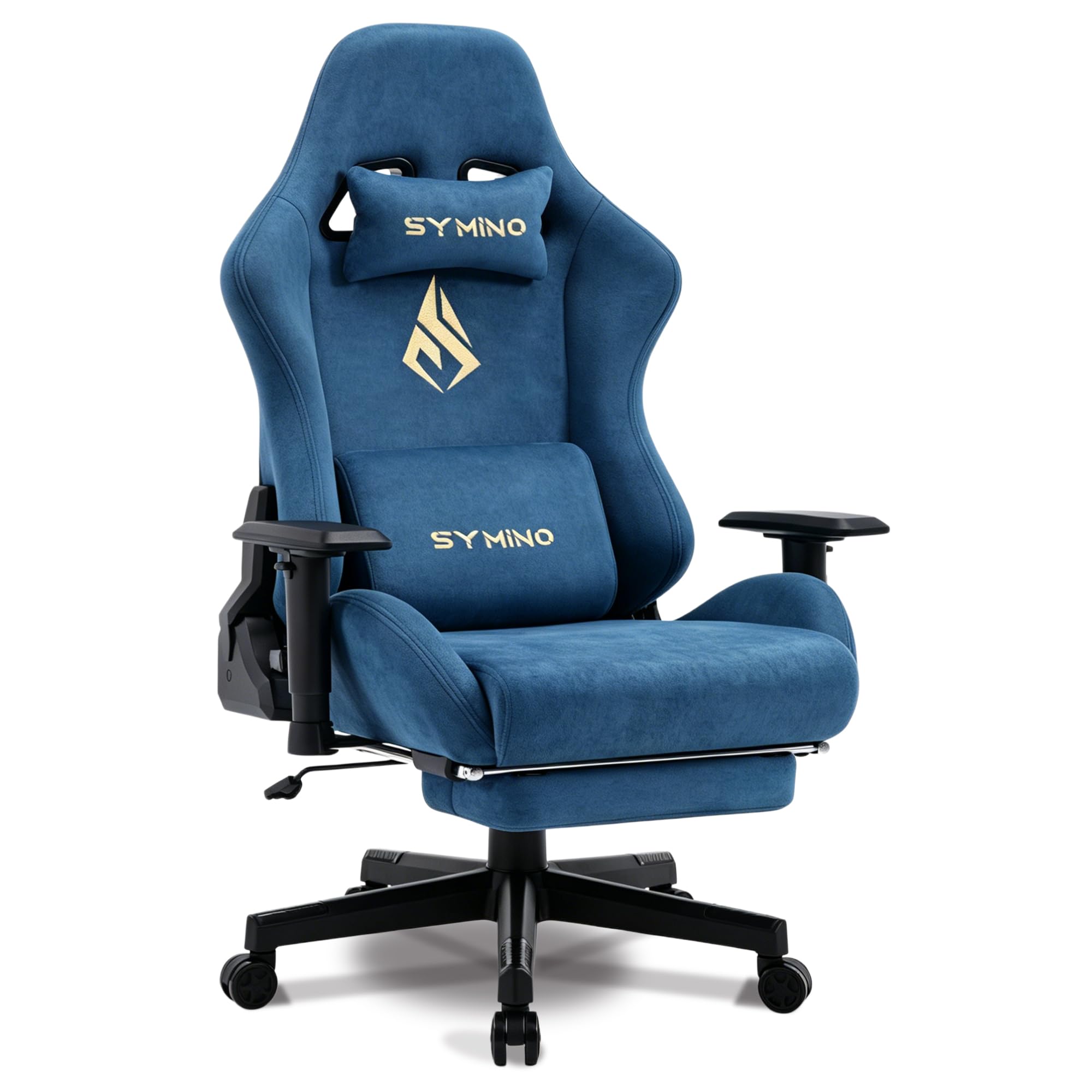 Symino Sedia da gioco ergonomica e poltrona gamer con poggiapiedi telescopico, cuscino a molle, supporto lombare e altezza regolabile 200 kg (Falli scamosciati, blu)