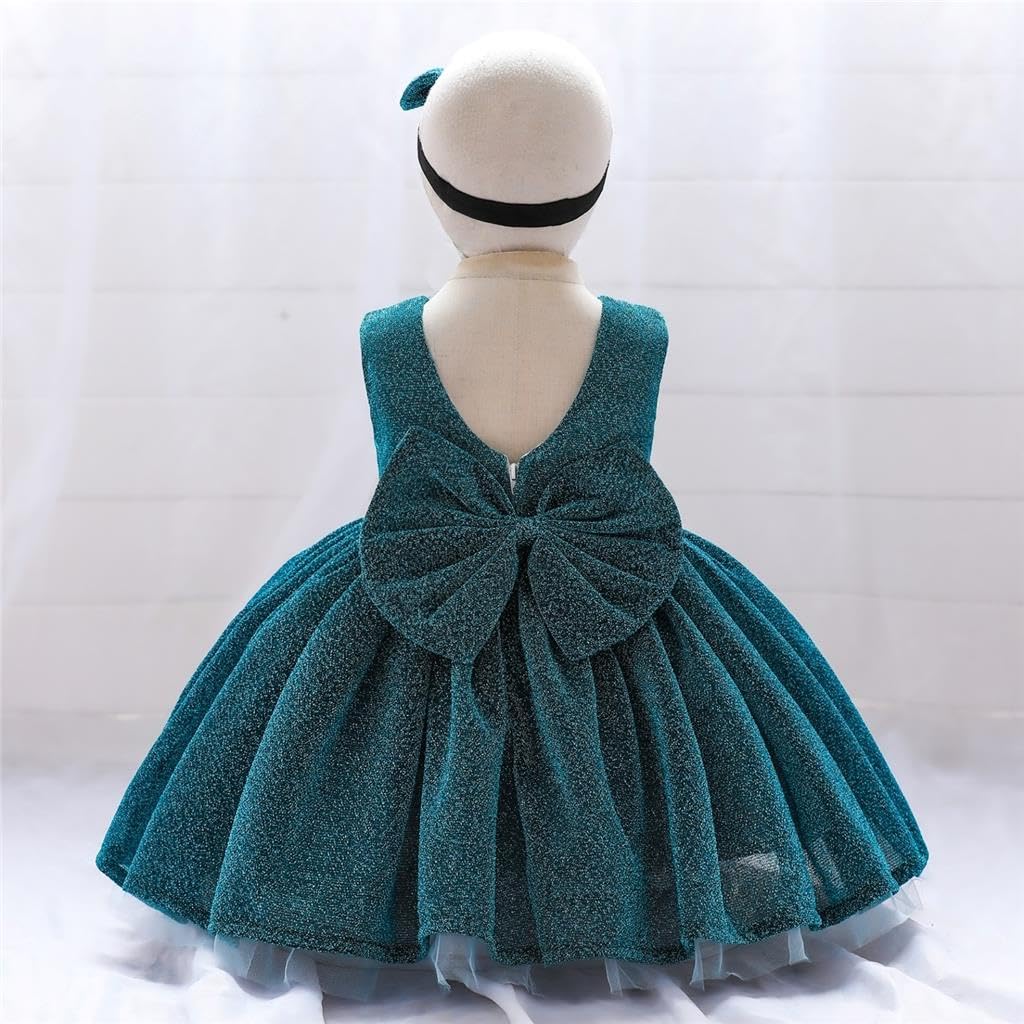 Lito Angels Robe Brillante Fille avec Bandeau | Bandeau assorti, Tissu brillant, corsage sans manches, jupe 3 couches, fleur à la taille, grand nœud au dos, Mariage, Noël