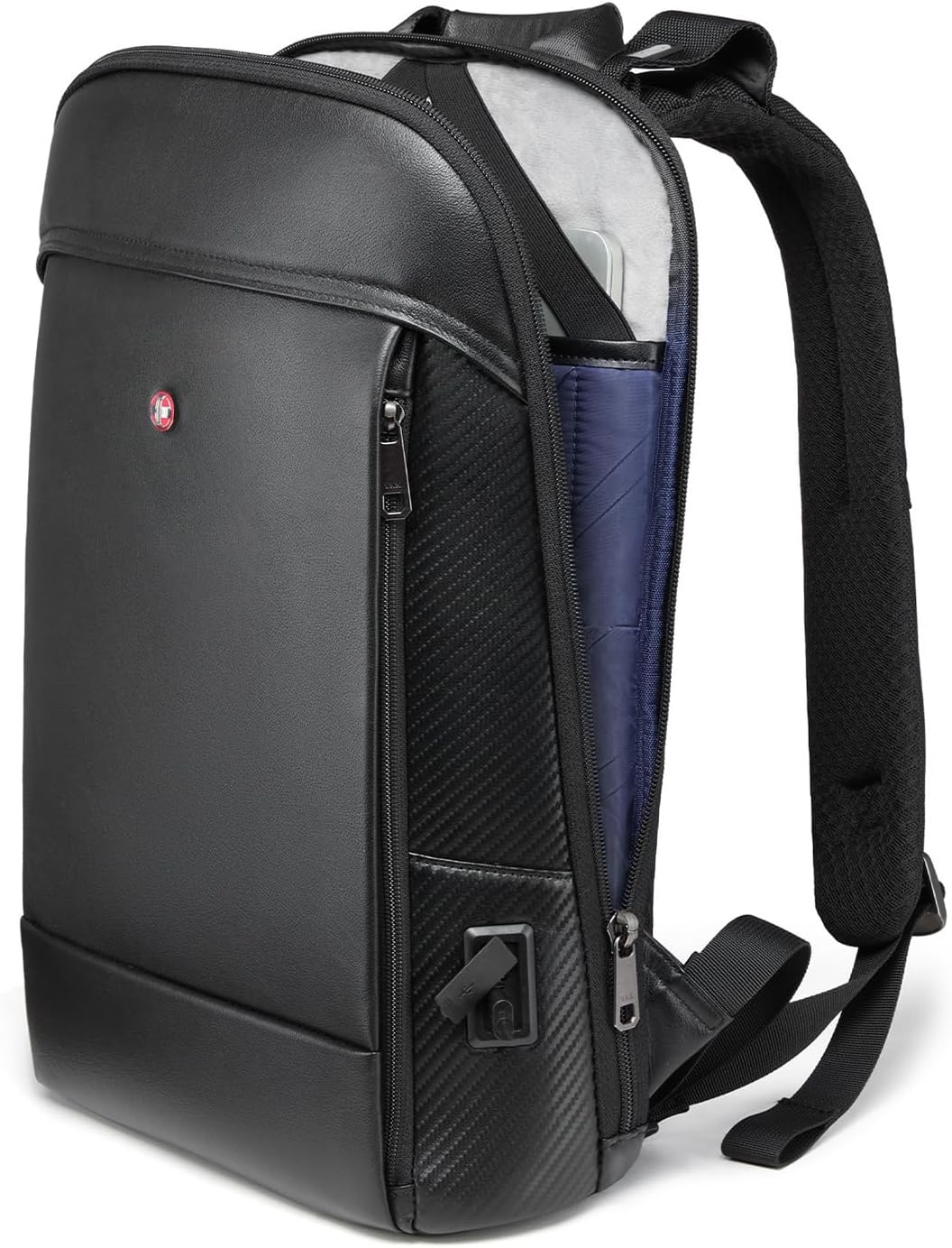 Full-Grain Genuine Leather Laptop Backpack, Slim Lightweight Backpack, USB Charging Port, 15.6 Inch Business Backpack for Work Office, Water Resistant, Computer Casual Daypack for Man, Black