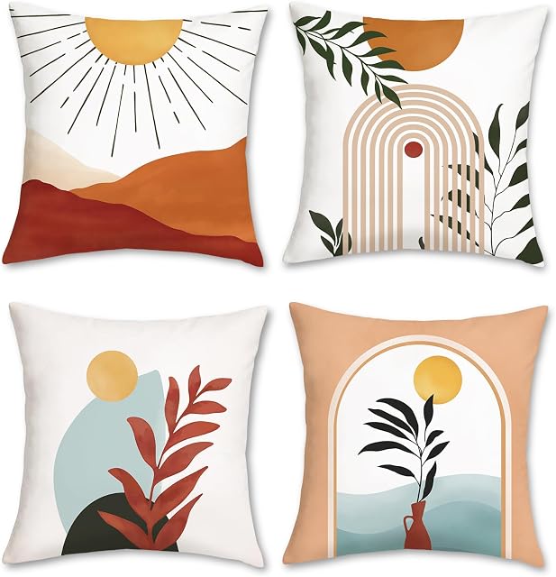 Bonhause Boho Leaf Cushion Covers 45 x 45 cm Sun Arch Abstract Decorative Throw Pillow Covers Soft Velvet Modern Minimalist Pillowcases for Sofa Patio Garden Decor Set of 4