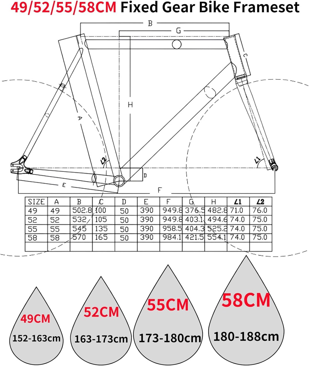 700C Fixed Gear Bike Frameset 49CM 52CM 55CM 58CM Aluminum Alloy Bike Frame C Brake Racing Track Bike Frame QR 100/120mm with Fork