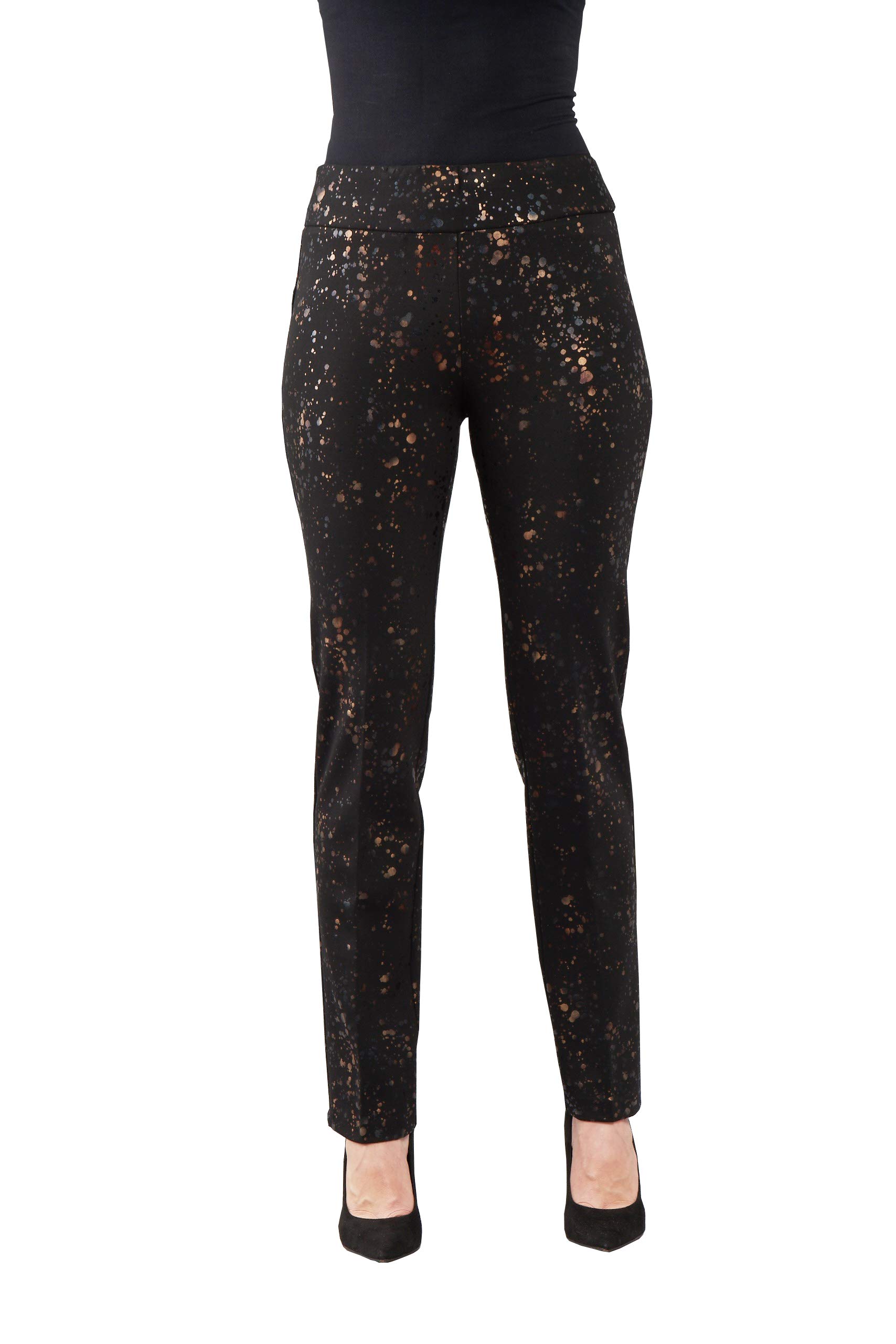 Womens 4 Way Stretch Pull-On Pants in Black and Gold Galaxy Print Size 6