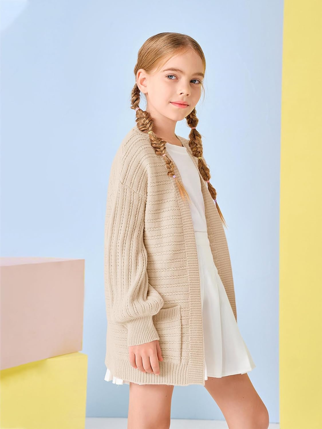 Haloumoning Kids Girls Open Front Cardigan Sweaters Long Sleeve Cable Knit Fashion Clothes with Pockets 5-14 Years - Image 3