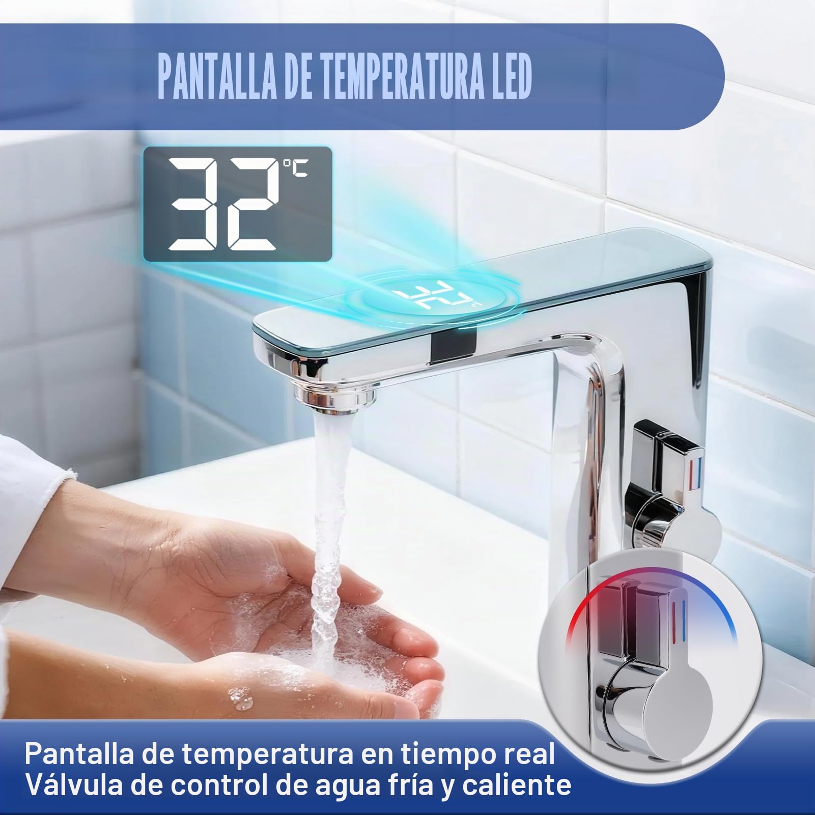 Gugxiom Grifo de Baño sin Contacto, Grifo de Lavabo de Baño con Sensor Automático LED Manos Libres, Núcleo de Válvula de Cerámica, para Baños Cocinas Aseos