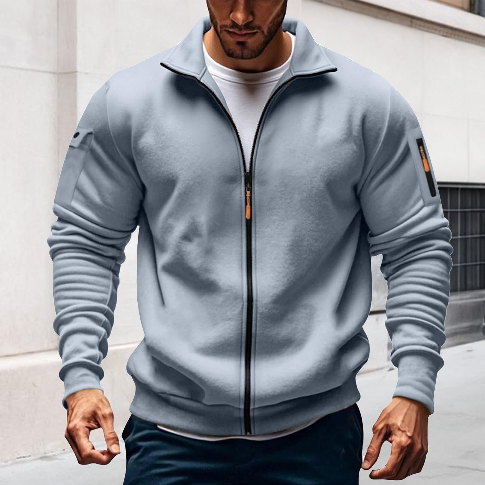 Generico Sudadera con Cremallera Hombre Sin Capucha Invierno Casual Chaqueta Deportiva Militar Sudaderas con Cremallera Ligera Manga Larga Sweatshirt con Bolsillos Vintage Trekking Chaqueta de Trabajo