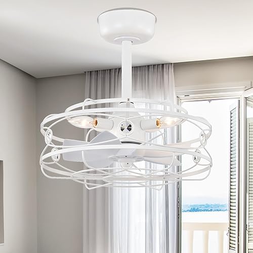 Duckbeer Ventilador de techo cerrado con luz, ventilador de techo vintage enjaulado con control remoto, 4 bombillas E12 para porche, patio, cocina,