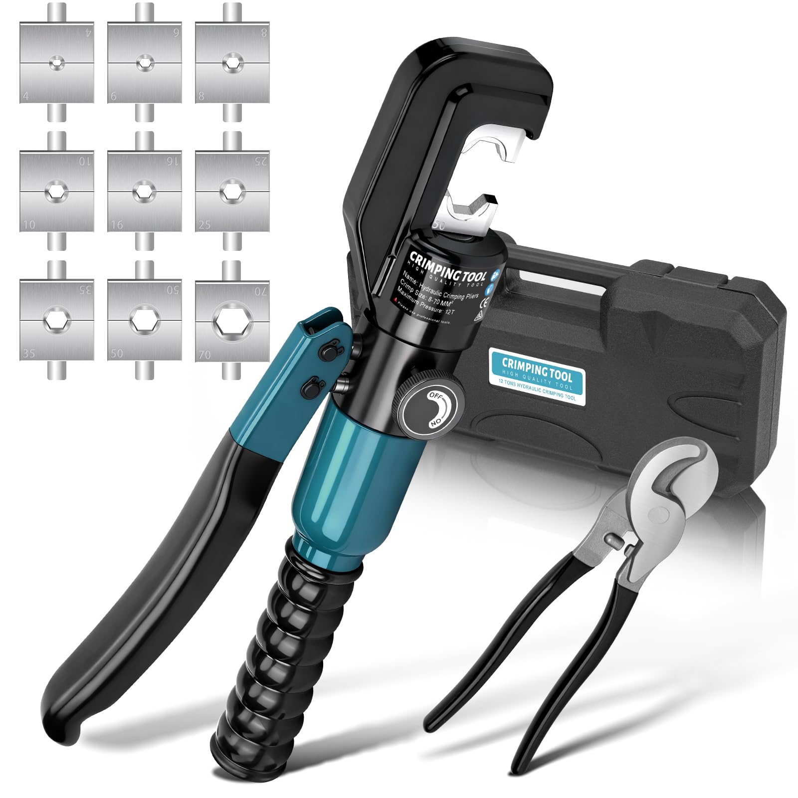 Crimpadora hidráulica con tijeras para cables, 9 juegos de moldes de crimpado 4-70 mm² para trabajos de cables, reparación de coches, barandillas de malla de alambre, color azul