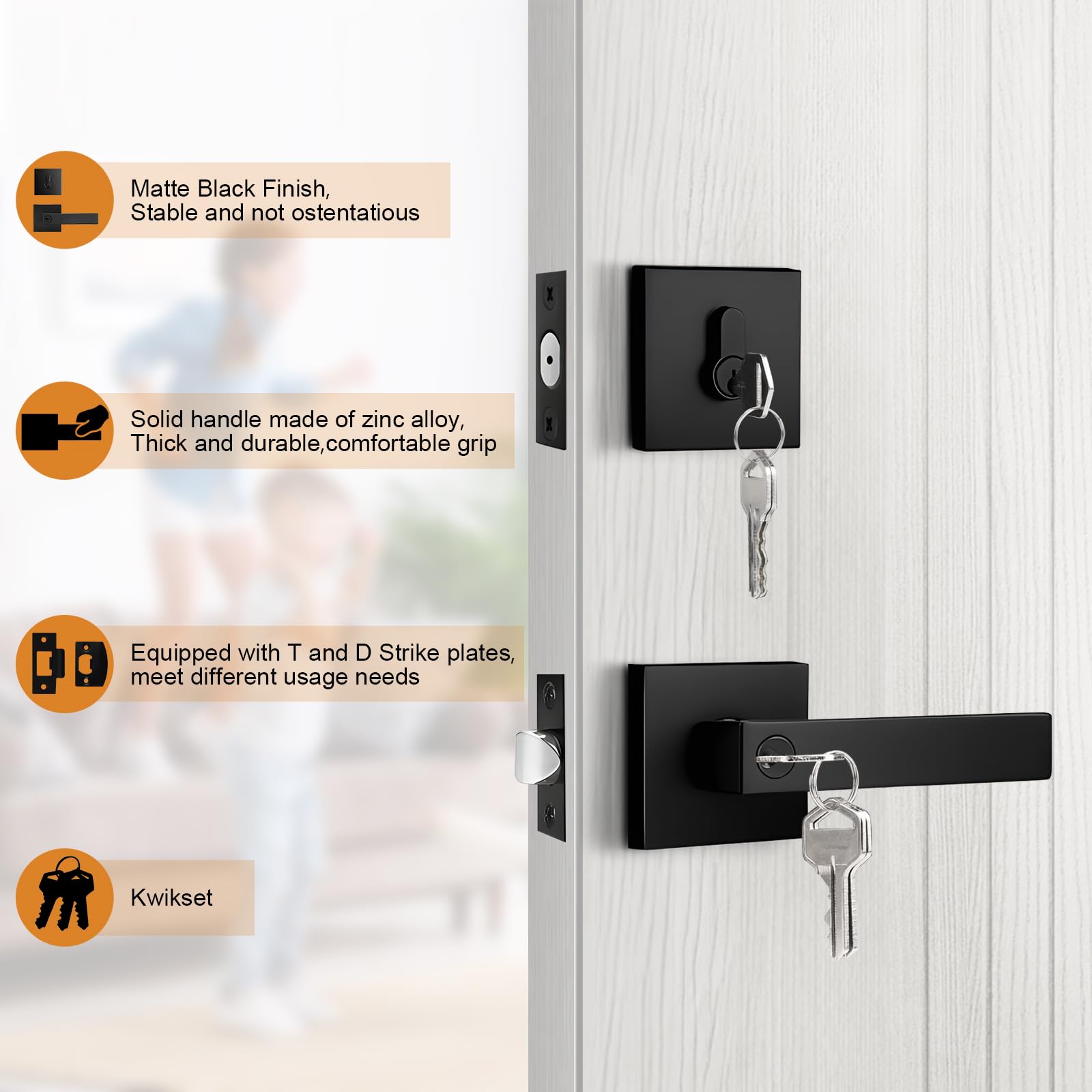 Probrico Juego de cerraduras de puerta exterior de color negro mate con cerrojo de seguridad, manija de entrada de puerta delantera y cerrojo de doble cilindro, palanca de puerta cuadrada con