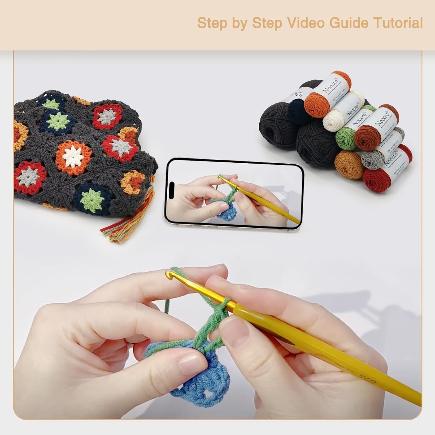 Noocro Granny Square Crochet Tank Top Kit – DIY Yarn Kit with Hook, Stitch Markers, Detailed Guide & Video Tutorial – for Intermediate or Ambitious Beginners (Dusk Glow)