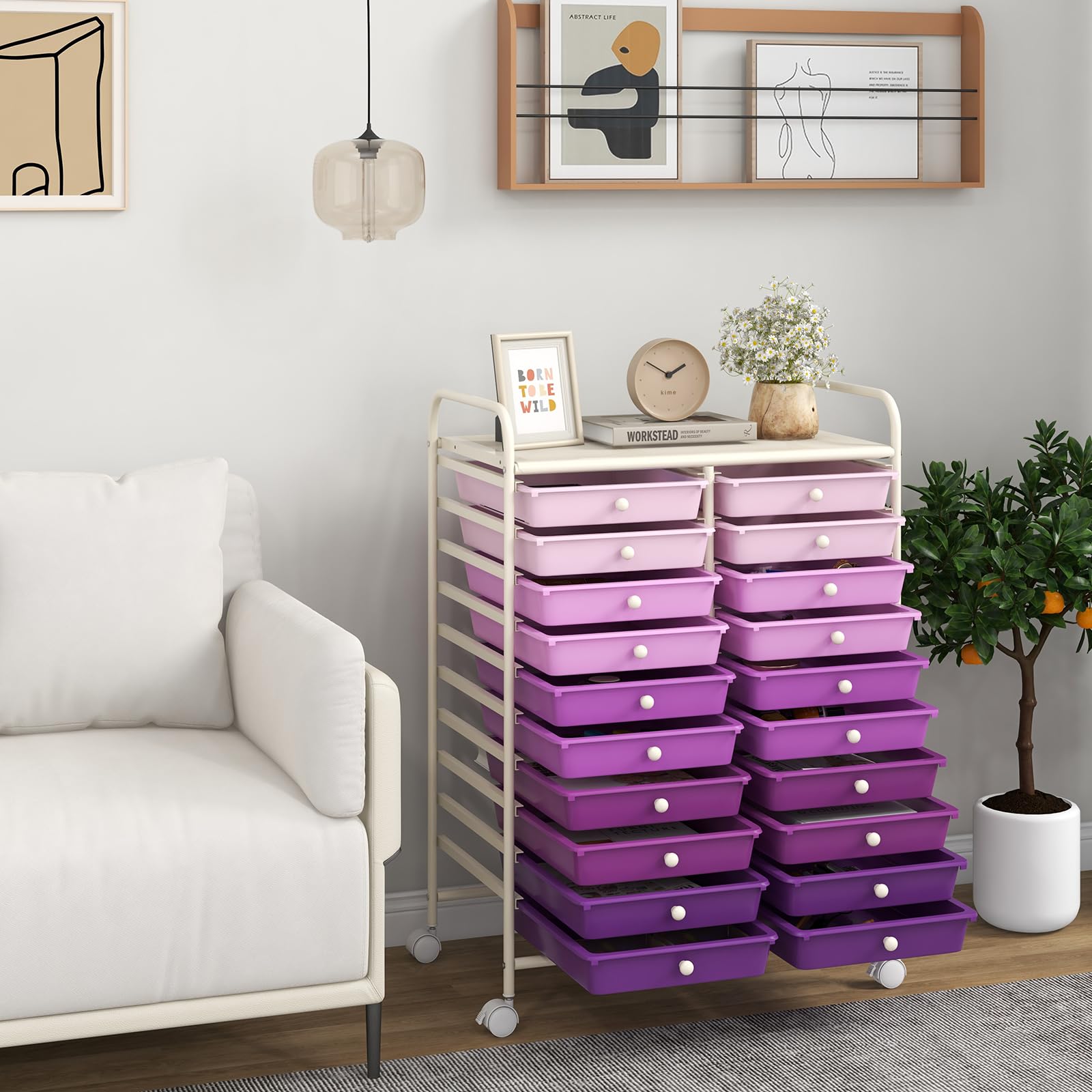 GOPLUS Carrito Auxiliar con 4 Ruedas, Carro de Servicios con 20 Cajones, 2 Ruedas con Frenos, Carro de Almacenamiento de Estructura Metálica para Cocina Oficina Baño (Violeta)
