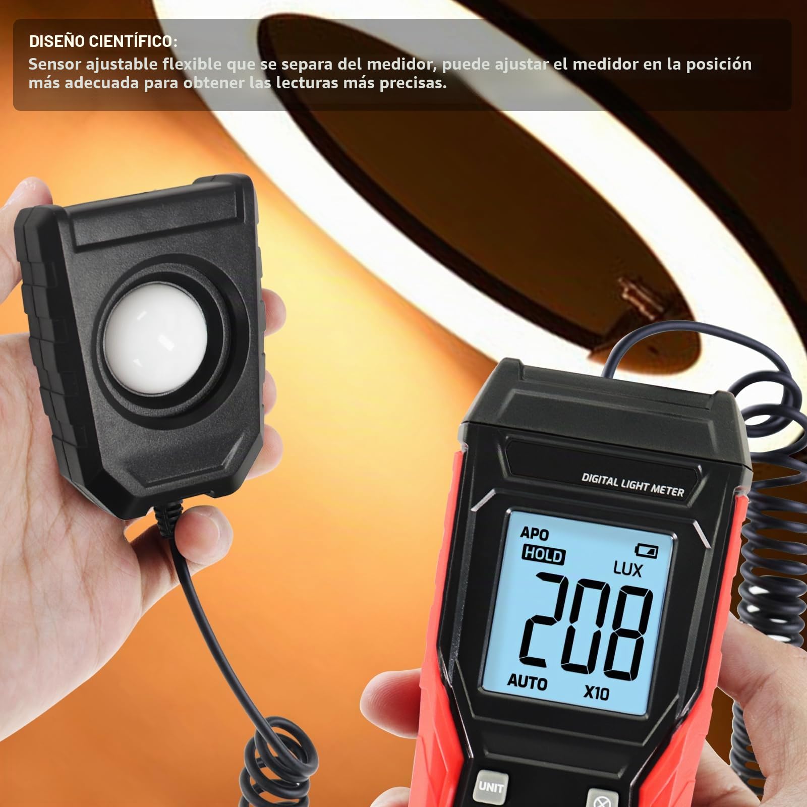 Medidor de Lux Digital Medidor de luz de iluminancia Portátil con Sensor Giratorio de 360 Grados, Rango de medición de 0~200.000 Probador de Luxómetro para Plantas, Faros, Hogar y Oficina