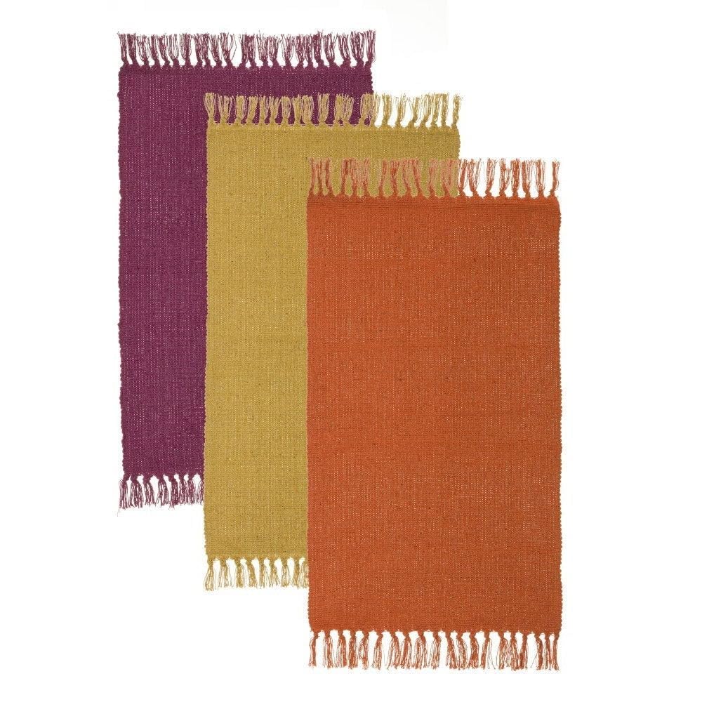LOLAhome - Set de 3 alfombras de Flecos en algodón Natural de 50x80 cm Colores Burdeos y Mostaza. Tejido Artesanal de Temperatura Neutra Que Ofrece Confort y Estilo en Cualquier Estancia.