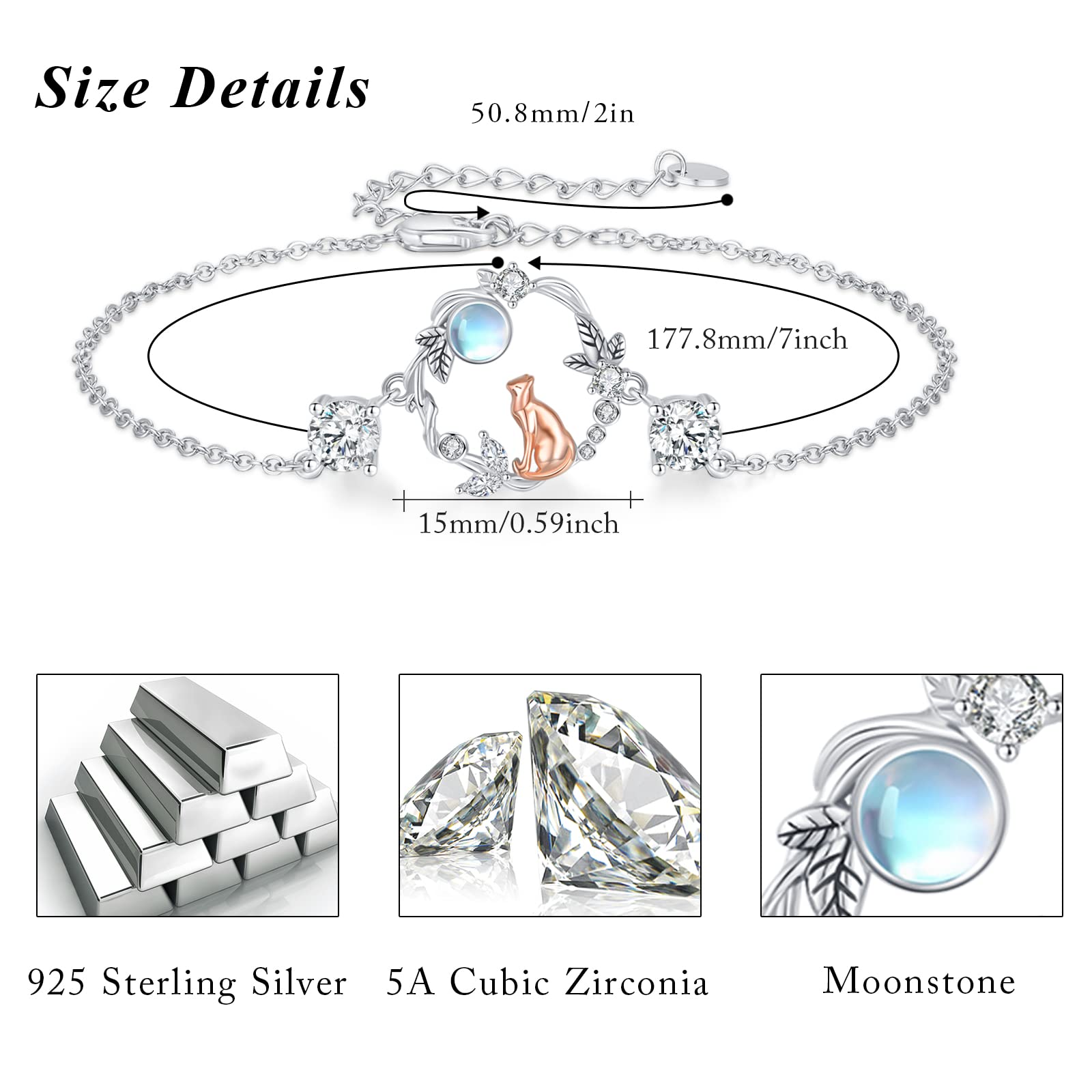 Pulsera de gato de plata de ley 925 para mujer, plata con piedra lunar y gatos, regalo para mujeres, amantes de los gatos y regalos para madres, Plata de ley