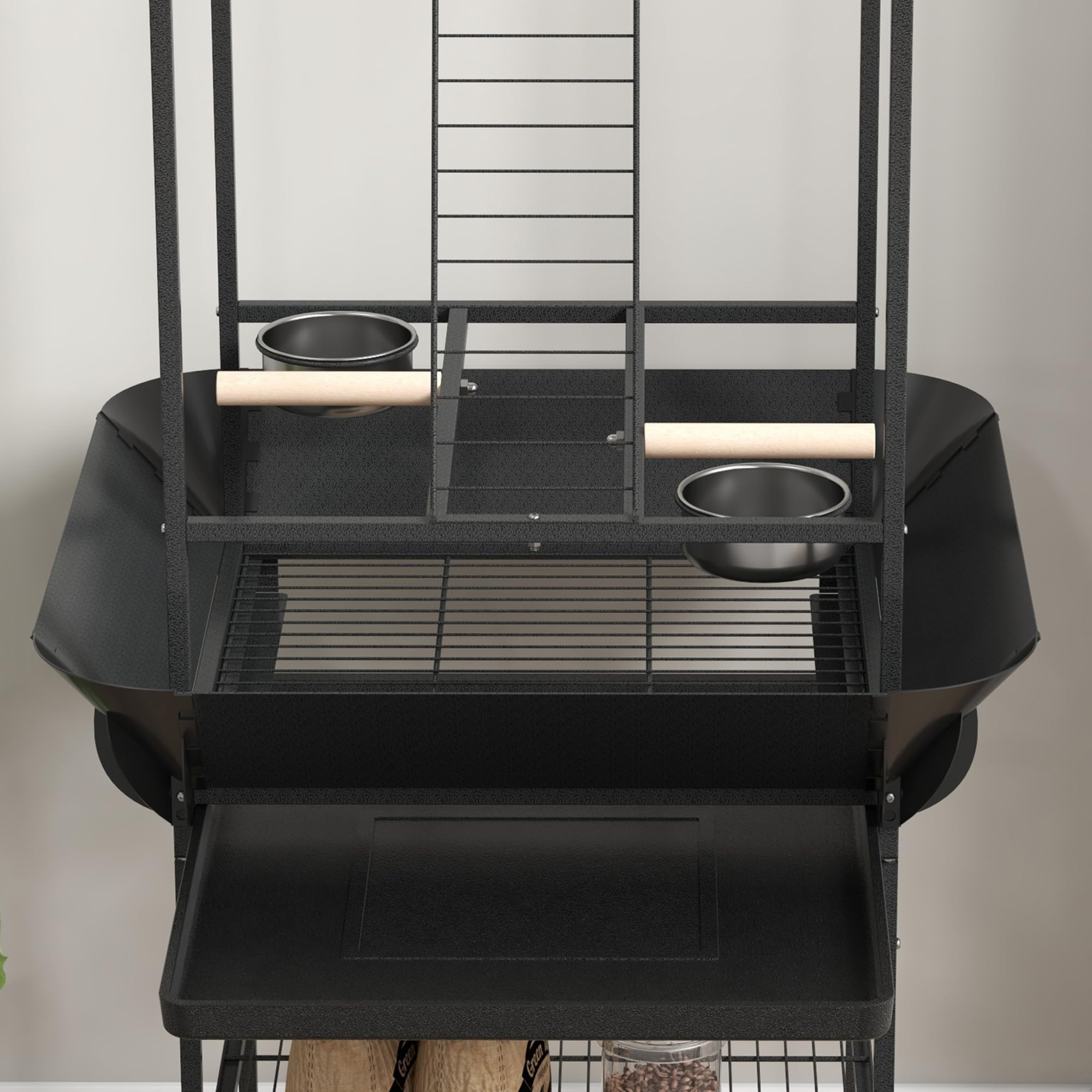 PawHut Aire de Jeu pour Oiseaux avec Perchoirs en Bois, Échelle, Mangeoires INOX, Bac Coulissant, 62,5 x 62,5 x 155 cm, Gris foncé