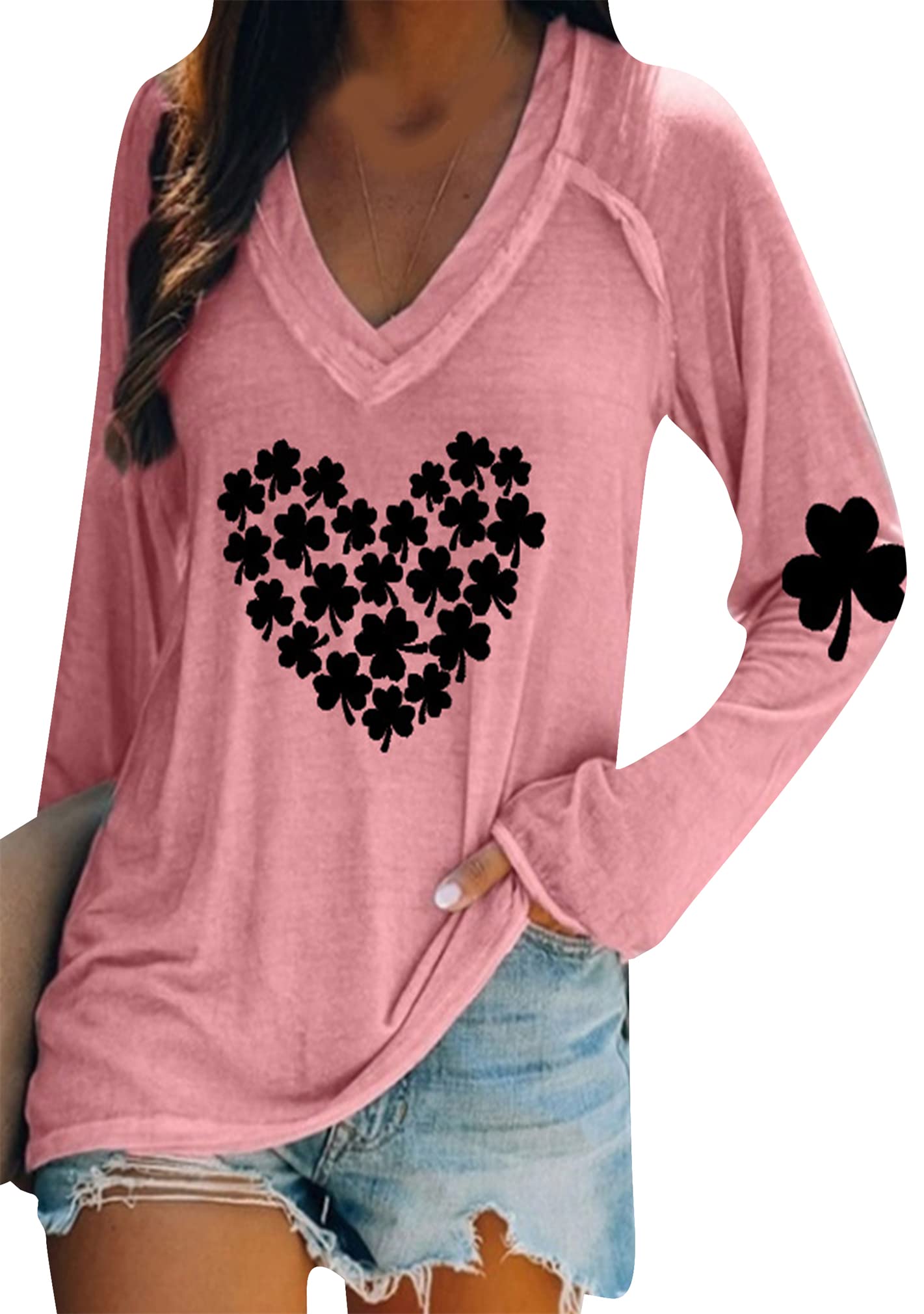 BOFETA Women St Patricks Day Sweatshirts Loose Long Sleeve Shirts Green Shamrock Print Blouse Flowy Color Block Pullover Tops