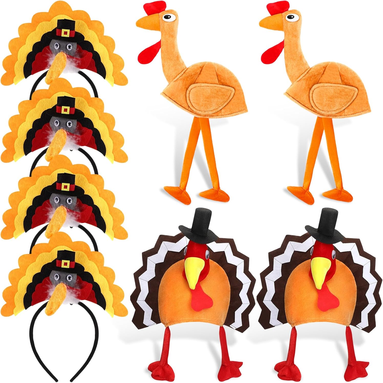 8 Pcs Thanksgiving Turkey Hat Bulk Plush Roasted Turkey Trot Hast with Legs Funny Headband for Woman Man Thanksgiving Night Event Dress-up Cosplay Accessories