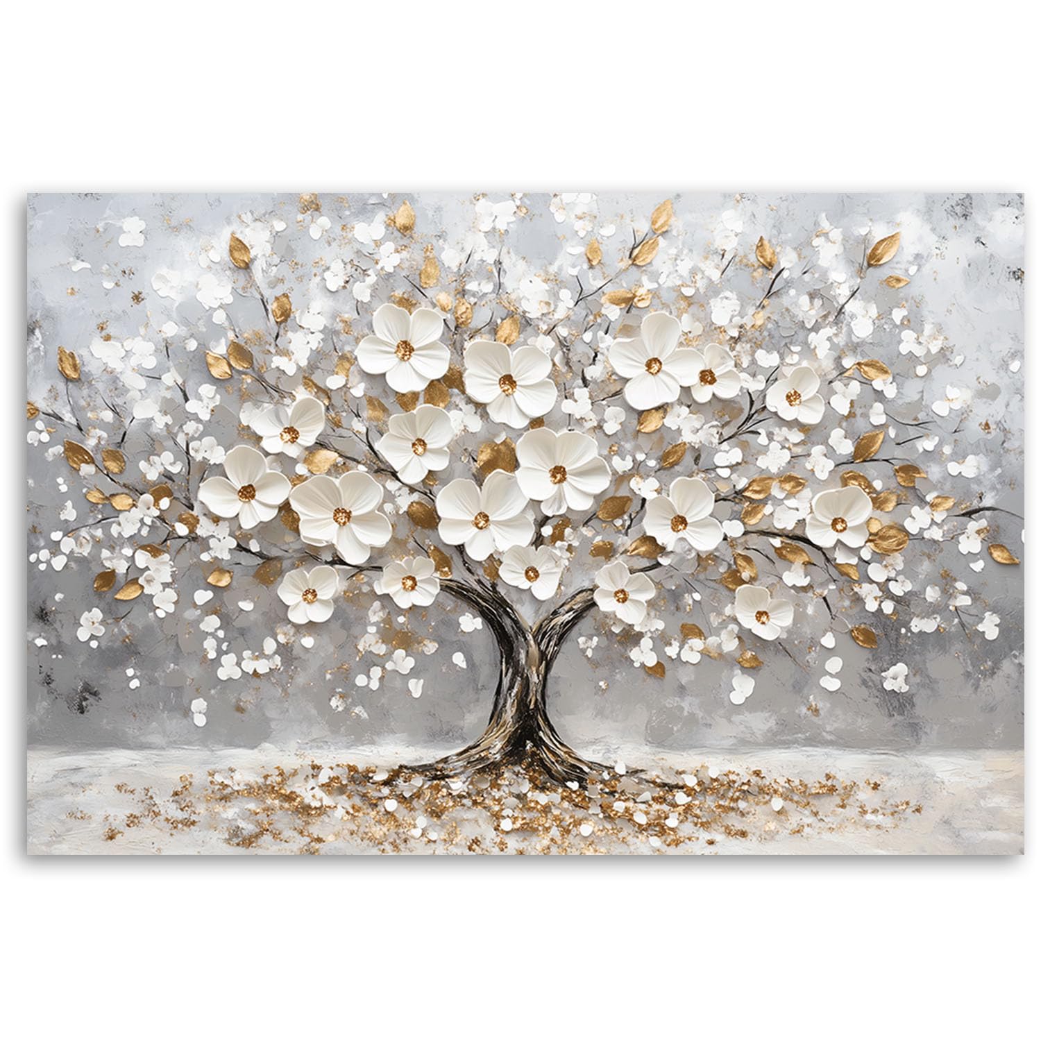 Feeby Lienzos Decorativos - Cuadros Decoracion Salon Modernos - Árbol de la vida hojas blancas doradas - 90x60 cm - Decoración Para el Salón y el Dormitorio