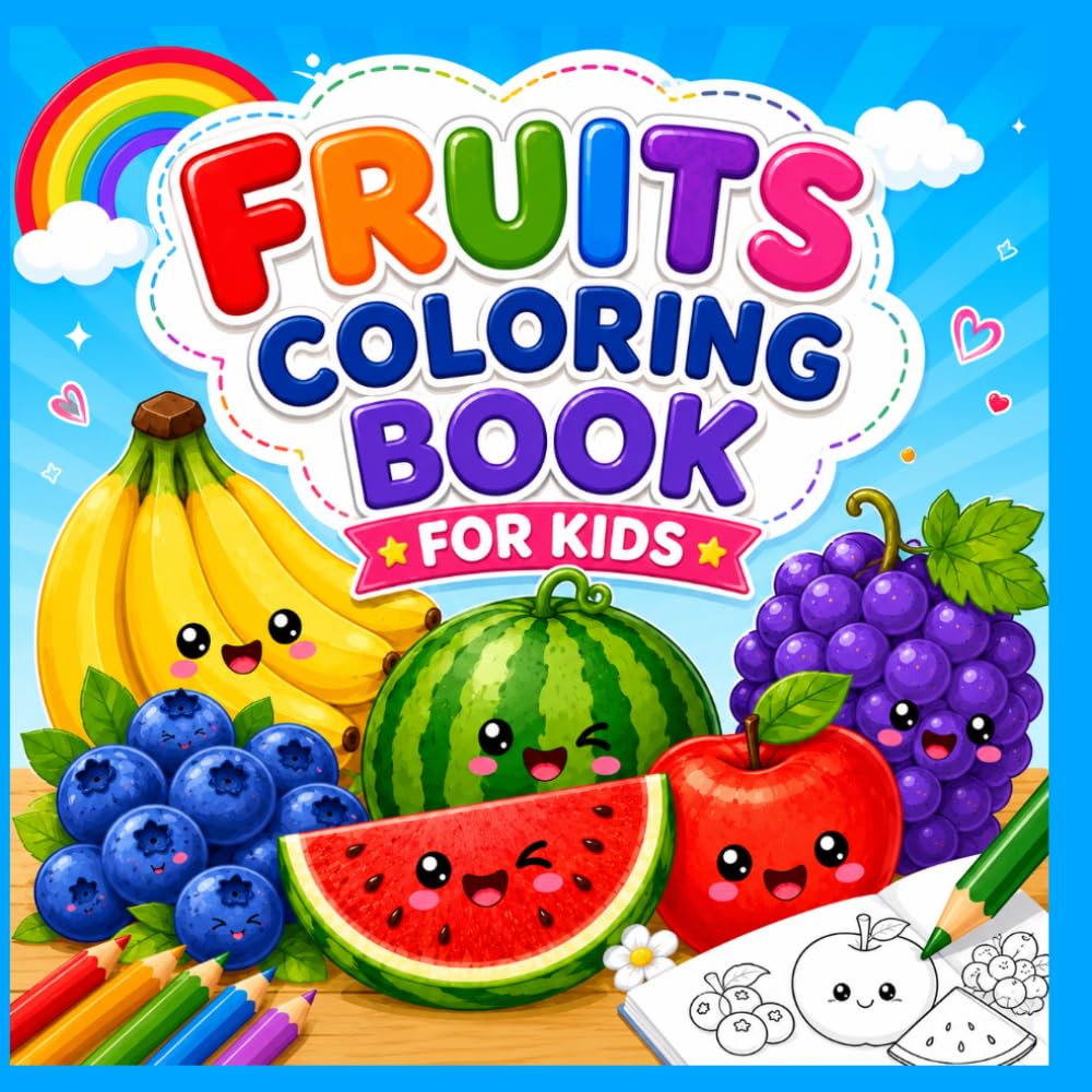 HAPPY FRUITS COLORING BOOK: Cute Fruits, Big Smiles & Lots of Fun, Color Apples, Bananas, Watermelons, Grapes, Blueberries and More