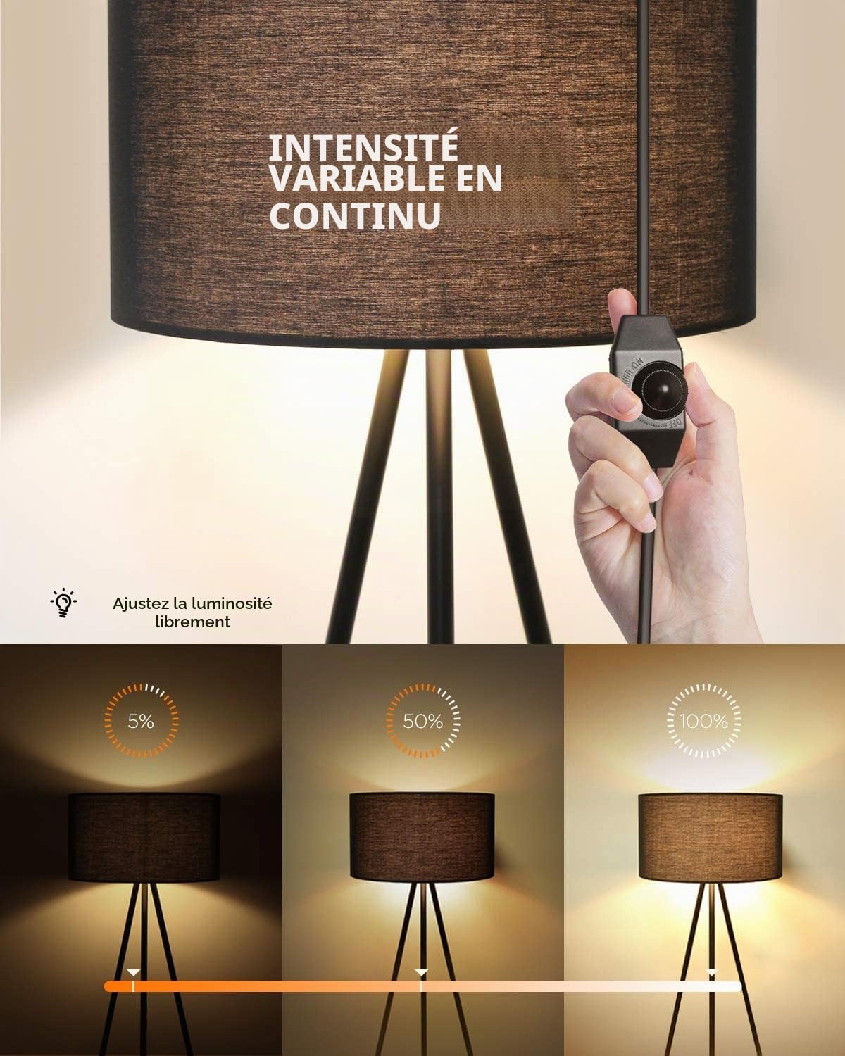tomons Lampadaire LED Dimmable Contemporain avec Trépied en Métal, Lampadaire de Salon et de Chambre à Coucher, Style Scandinave - Noir