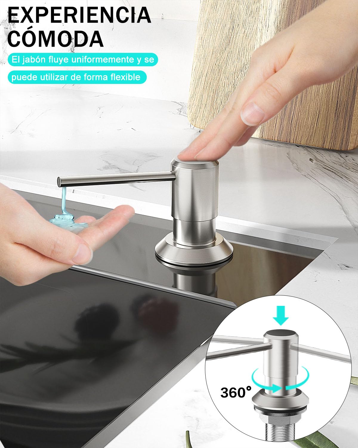 Dispensador Jabon Cocina Bajo Encimera, Dosificador para Fregadero | Dispensador de Detergente con Botella de 300ml y Manguera de 1,2 M, Dispensador Líquido Cobre, Tuerca Metal, Cepillado Plata