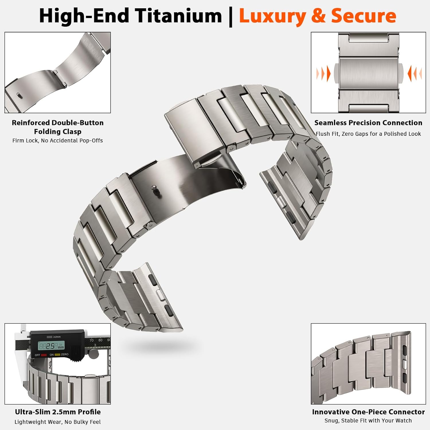Pure Titanium Band for Apple Watch Ultra 3 Ultra 2 Ultra 1 (49mm) & Series 11 10 9 8 7 6 5 4(46mm 45mm 44mm) - Men‘s Lightweight Durable Metal Strap, Silver