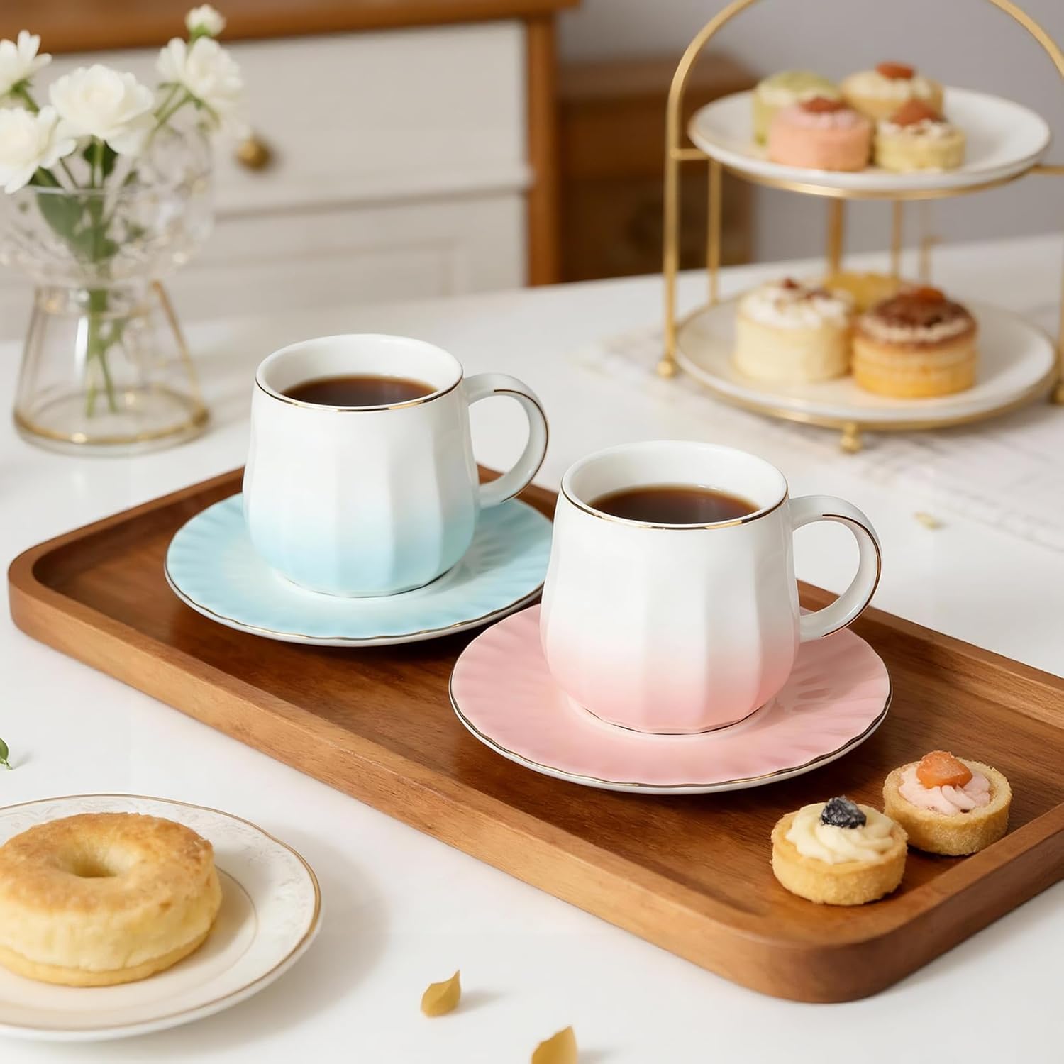 Ceramic Espresso Cups and Saucers Set of 4, 7oz Porcelain Cups for Coffee, Tea, Cappuccino and Various Drinks with Elegant Gold Rim(Blue)