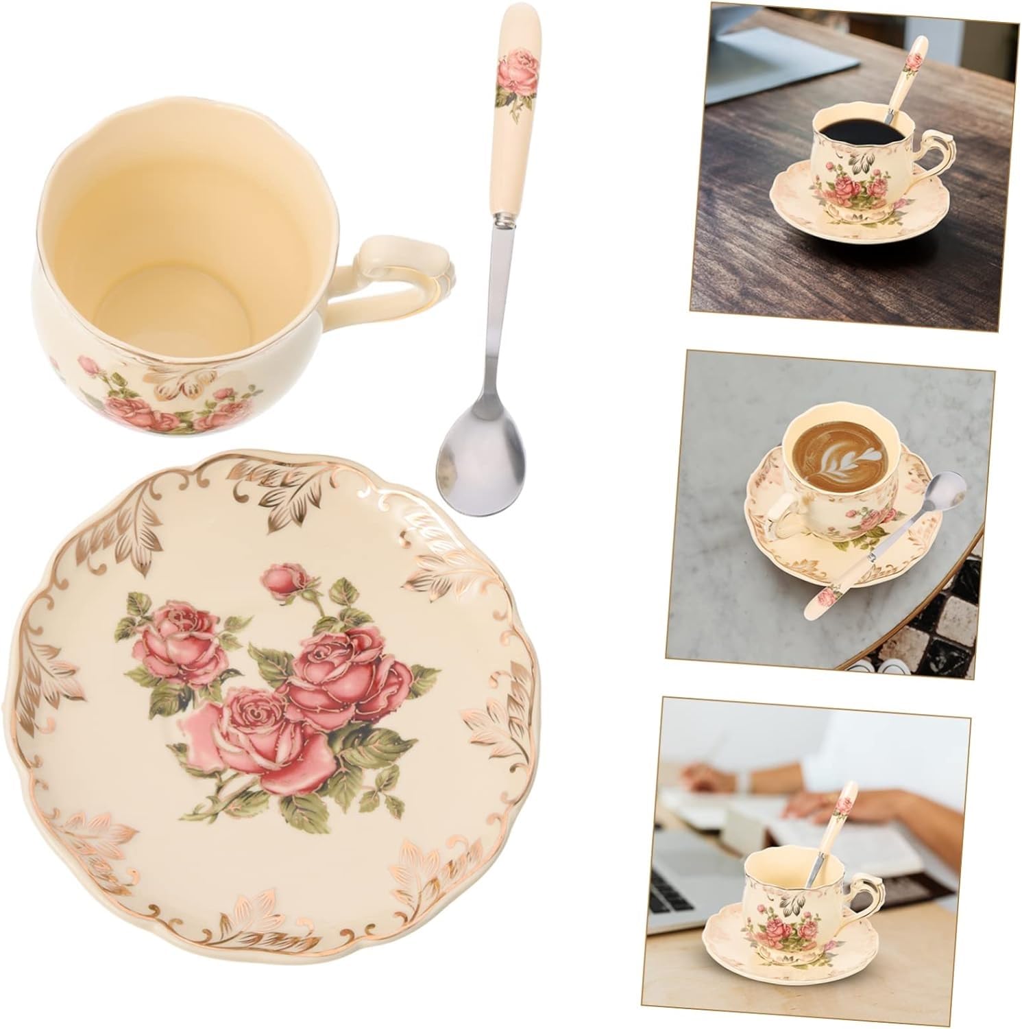Kubek ceramiczny 2 zestawy Filiżanka do herbaty kwiatowej Ceramiczny kubek do mleka Szklane filiżanki do espresso Wystrój w stylu vintage Kubki do kawy z porcelany kostnej Filiżanka w kształcie serca
