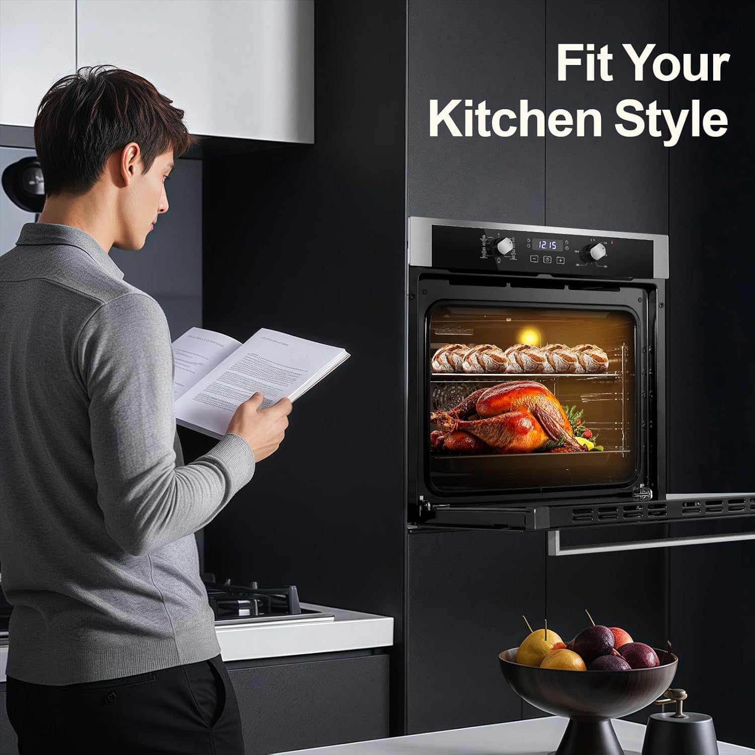 Zomagas 24 Inch Electric Wall Oven features: anti-scald handle, 5-layer shelf, built-in light, easy-clean interior