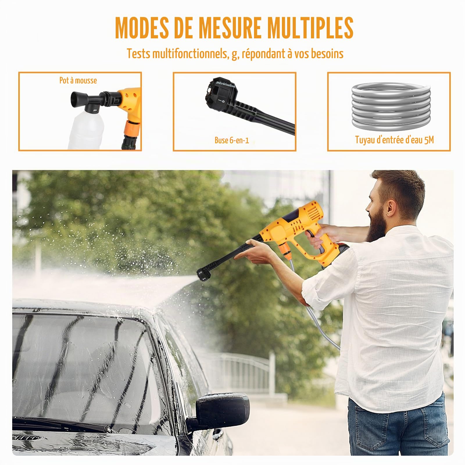 Nettoyeur Haute Pression Sans Fil, 21V MAX 65 Bar/942PSI Nettoyeur Haute Pression Avec Batterie de 6,0Ah, Press & Clean Pistolet de Lavage avec écran LCD de Puissance et 10 Vitesses (Avec 2 Batteries)