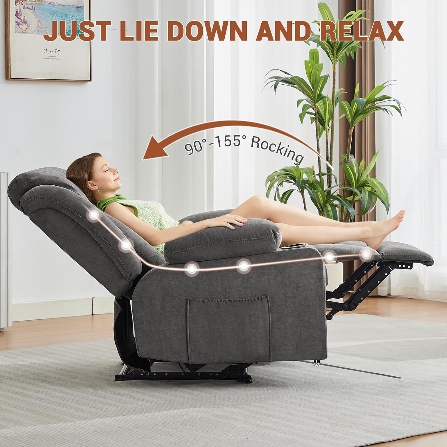 Oversized Recliner Chair,Classic and Traditional Manual Recliner Chair With Vibration Massage and Heat, Comfy Overstuffed Deep Seat Sofa With Side Pockets, Front Pockets and Cup Holder for Living Room