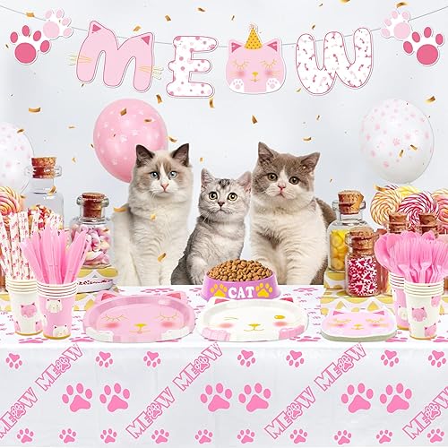 Miniatura 3 de 167 piezas de suministros para fiesta de cumpleaños de gatos Cartel de gatito MEOW, platos de papel de gato, servilletas, vasos, manteles,