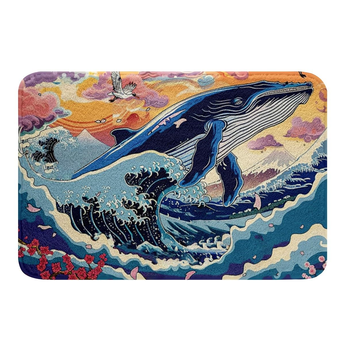 Tapis de bain japonais 50 x 80 cm bleu marine motif baleines soleil et vague