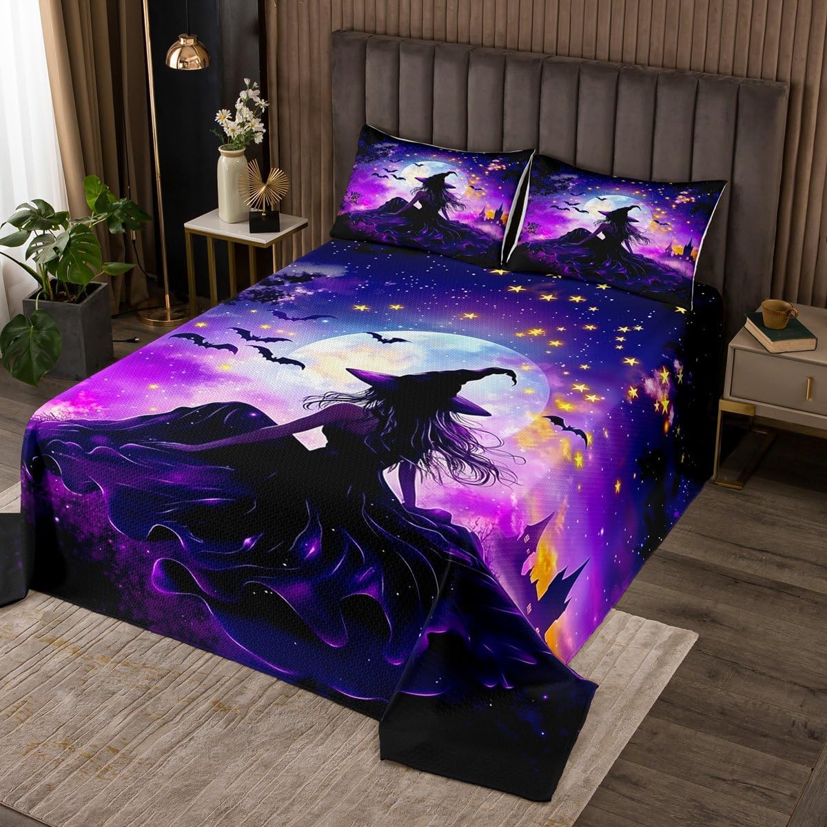 Erosebridal Black Dark Halloween Quilt Set King Witch in The Forest Coverlet Set,Vintage Halloween Rustic Art Bedspreads Horror Witchy Decor Bedding Sets Bedroom Decor