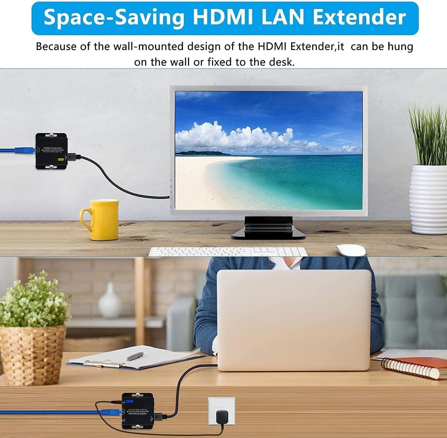 61 m HDMI Extender Over CAT6 CAT7 RJ45 Ethernet a HDMI Converter LAN Extension POC Supporto 1080P 3D EDID Copia Deep Color Compatibile con PC PS4 Roku Unilateral Power Supply