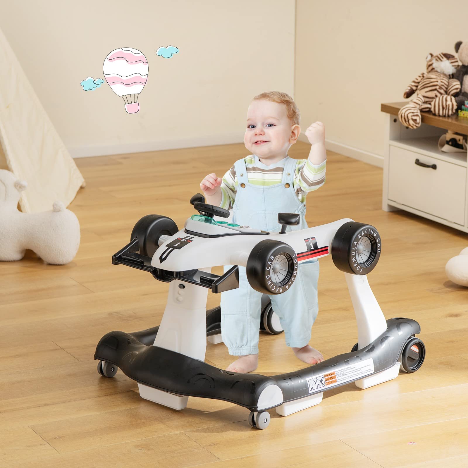 GYMAX Girello per Bambini 4 in 1 a Spinta, Girello Primi Passi Pieghevole con Altezza e Velocità Regolabile, con Luci e Suoni per Bambini 6-18 Mesi, Portata 12 kg, 73 x 64 x 55,5 cm (bianco)