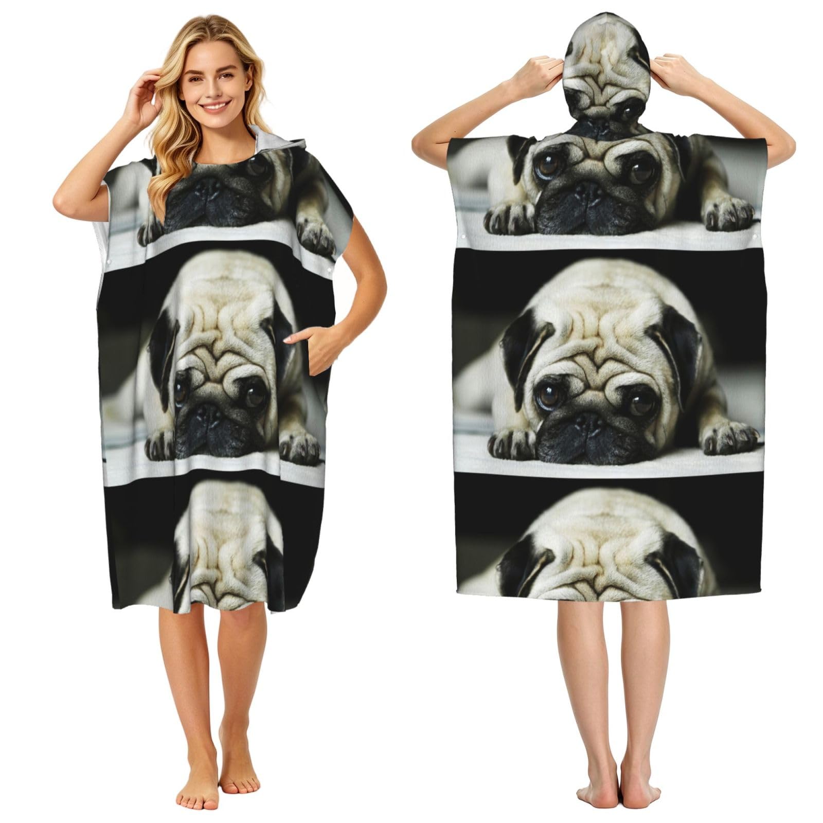 Poadnly Pug Dog, Adult Hooded Beach Towel 90 x 110 cm,Changing Bath Robe, Surf Poncho Towel For Women Men