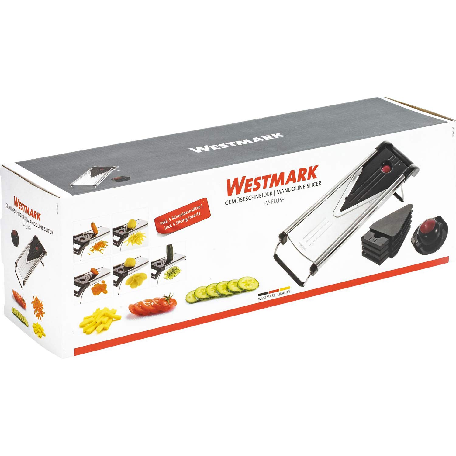 Westmark Cortador/rebanador de verduras, Con 5 accesorios de corte, Cuchillas de acero inoxidable, V-Plus, negro/plateado/rojo, 11302260