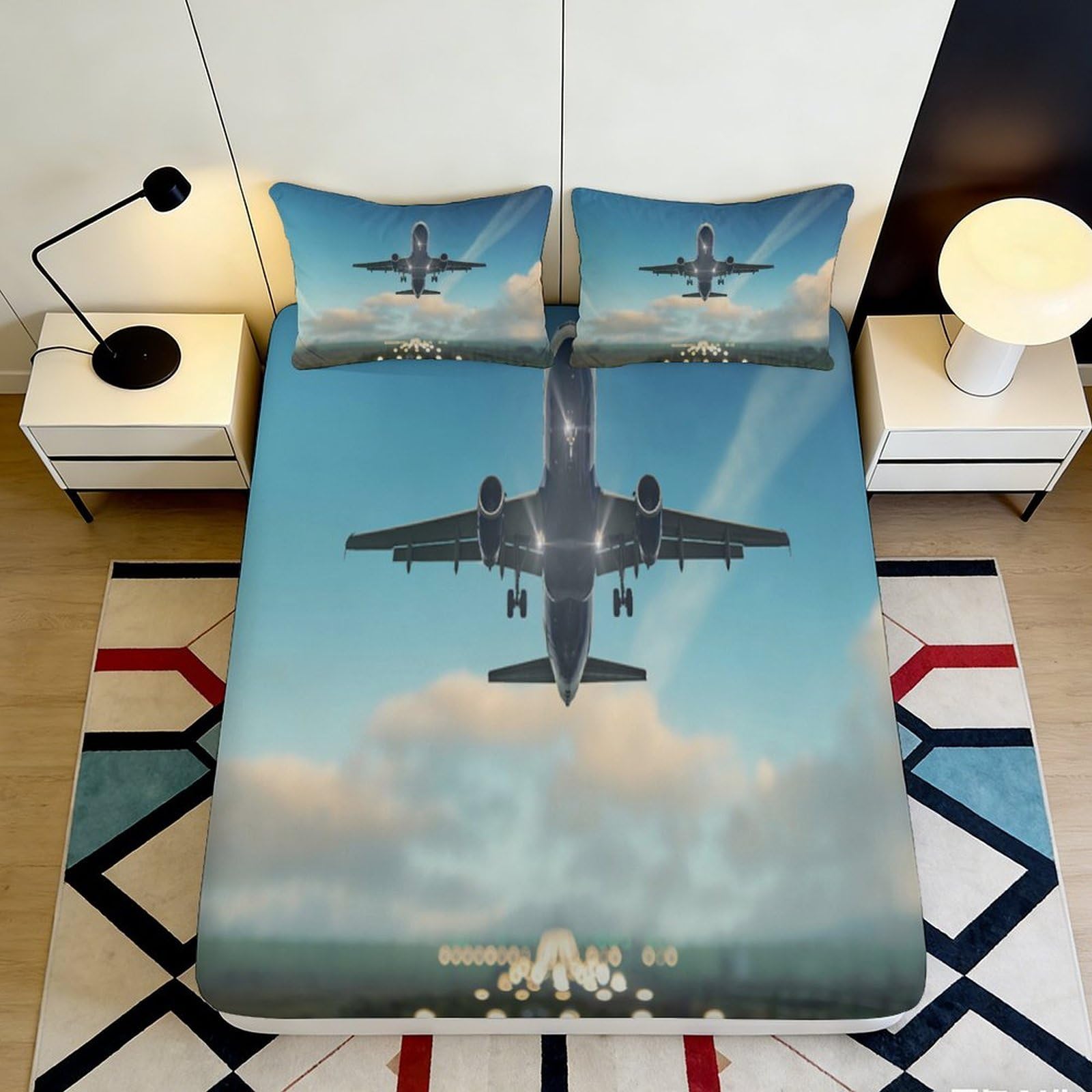 3D Printed Airplane Fitted Sheet Microfiber Soft Breathable Flight Design Bed Cover for Bedroom Dormitory Guest Room Mattress Protection Décor 200x200x25cm