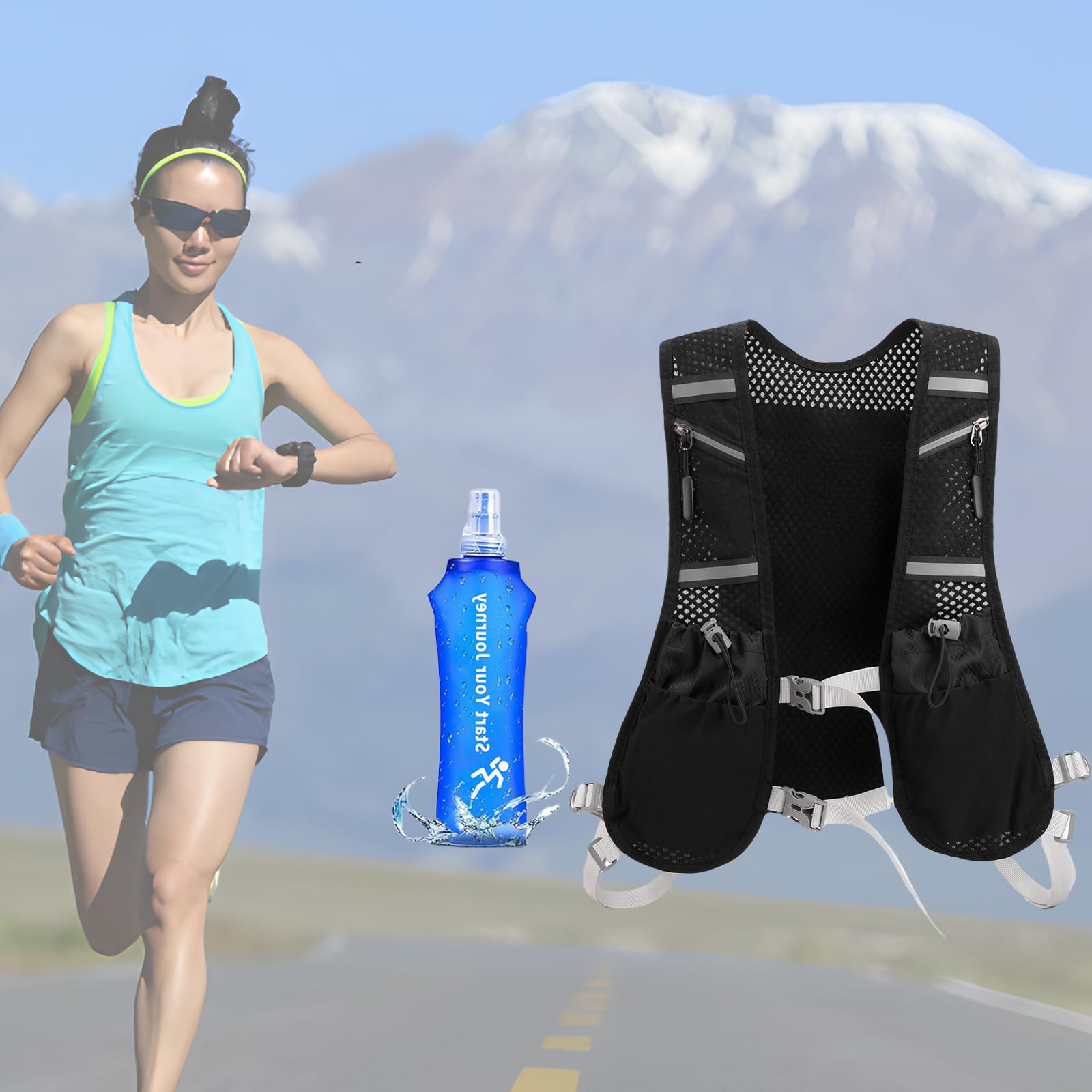 Gilet de course pour homme et femme - Ultra léger - Réfléchissant - Avec bouteille d'eau de 500 ml - Sangles de poitrine réglables - Pour la course, le cyclisme, les trails, les marathons
