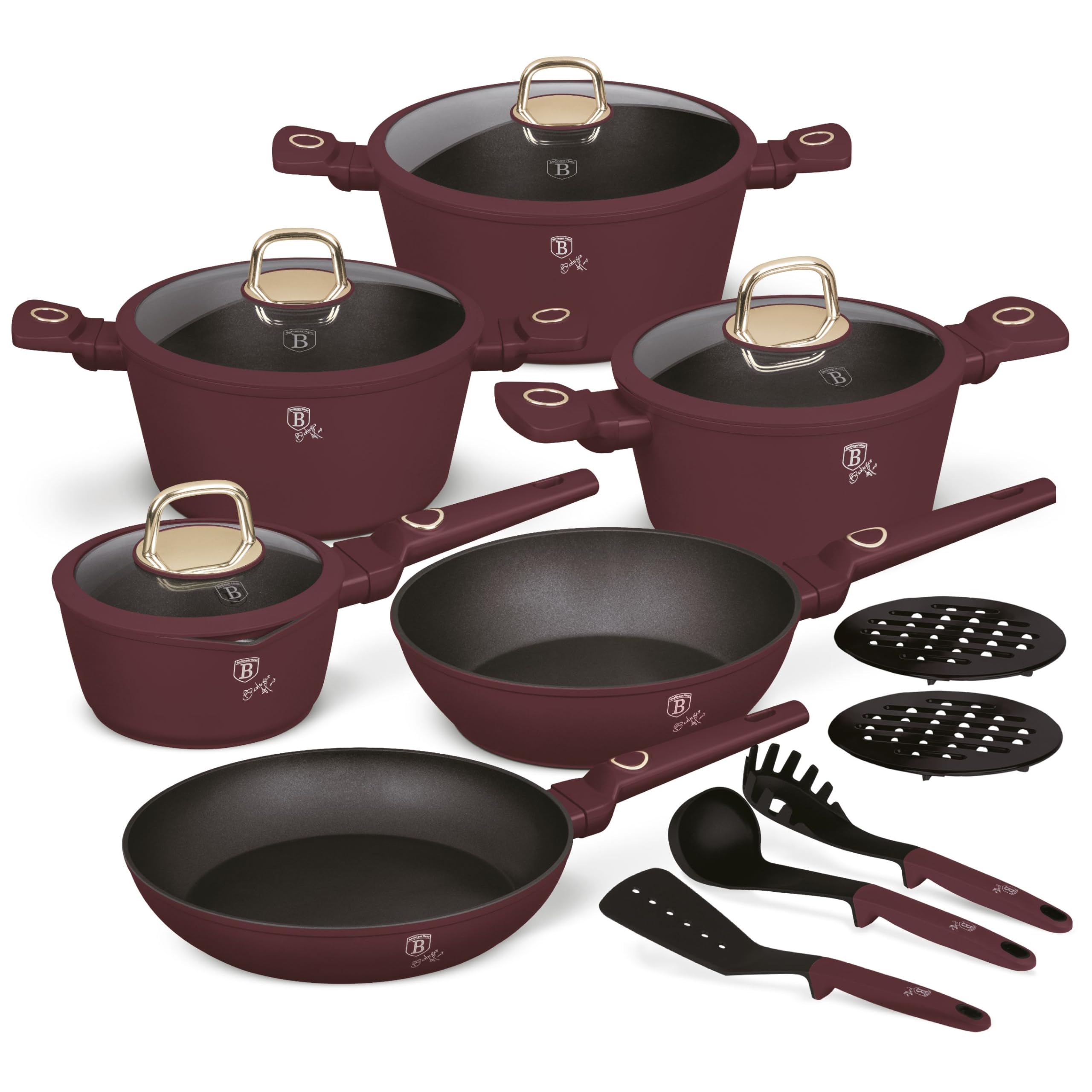 Berlinger HausInduction Cookware Set of 15 Aluminium Non-Stick Pots and Pans with Lids/Matt Bordeaux/Leonardo Collection