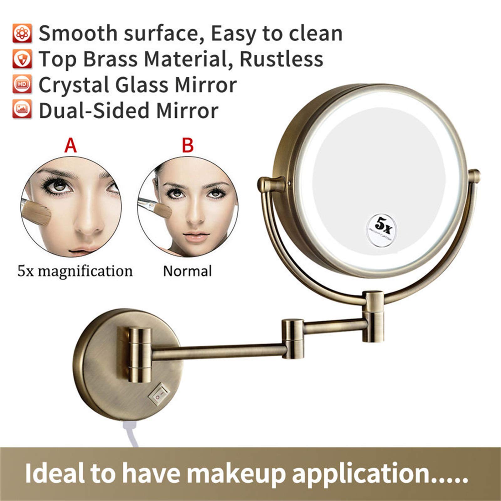 WYCSAD Espejo de Maquillaje con luz LED montado en la Pared de 8.5 Pulgadas con Aumento, Espejo de vanidad de Afeitar de Doble Cara de Bronce, Alimentado por Enchufe, 5X (5X) Decoration
