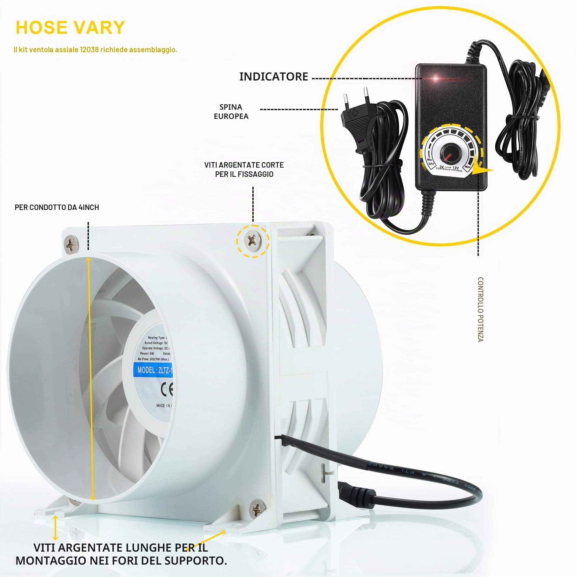 100mm Ventilatore Assiale, 3000RPM DC12V Ventola di Scarico con Adattatore CA/CC, Dimmer Continuo per Laser 3D, Cabina di Verniciatura, Tenda da Coltivazione, Progetto fai da te