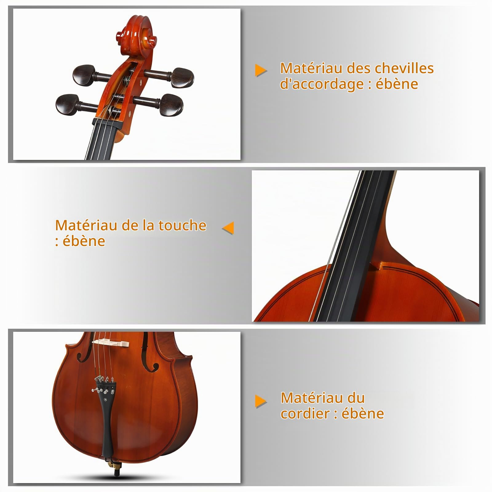 Bonnlo Violoncelle 4/4, Ensemble Complet avec Etui, Archet, Resine, Cordes et Colophane, Idéal pour Débutants et Joueurs Intermédiaires