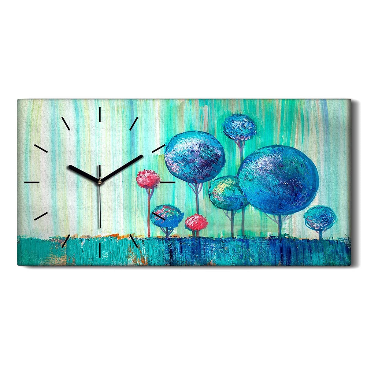 Horloge Silencieuse sans Tic-Tac Peinture Bleu Arbres sur Toile