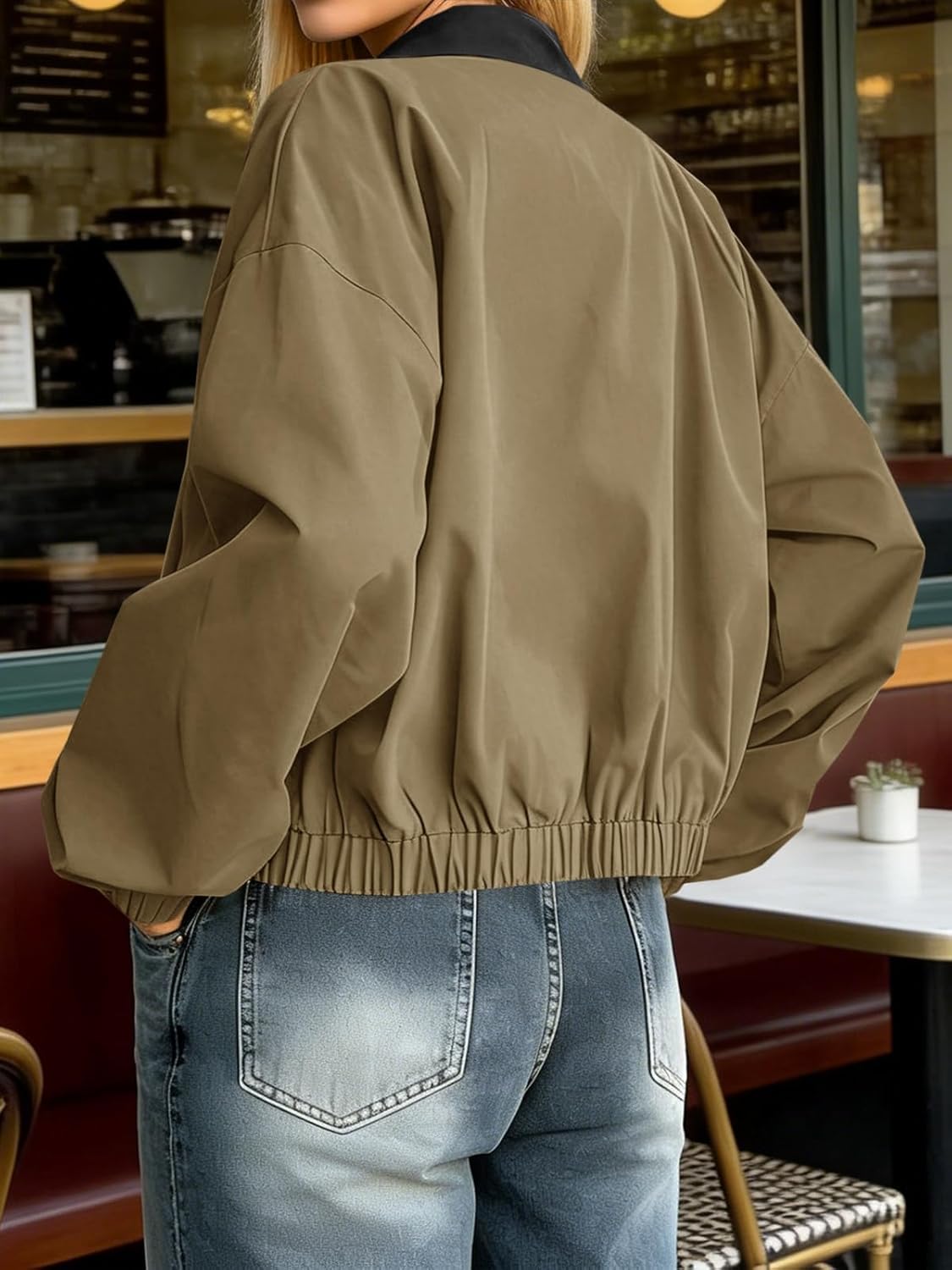 Tankaneo Womens Cropped Barn Jackets Zip Up Lapel Oversized Bomber Jackets Lightweight Trendy Casual Utility Short Coats - Image 5