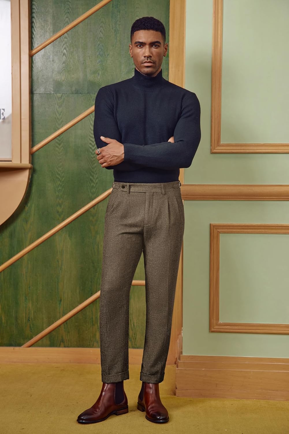 PJ PAUL JONES Men Vintage Tweed Pants Herringbone Pleated Suit Trousers - Image 4