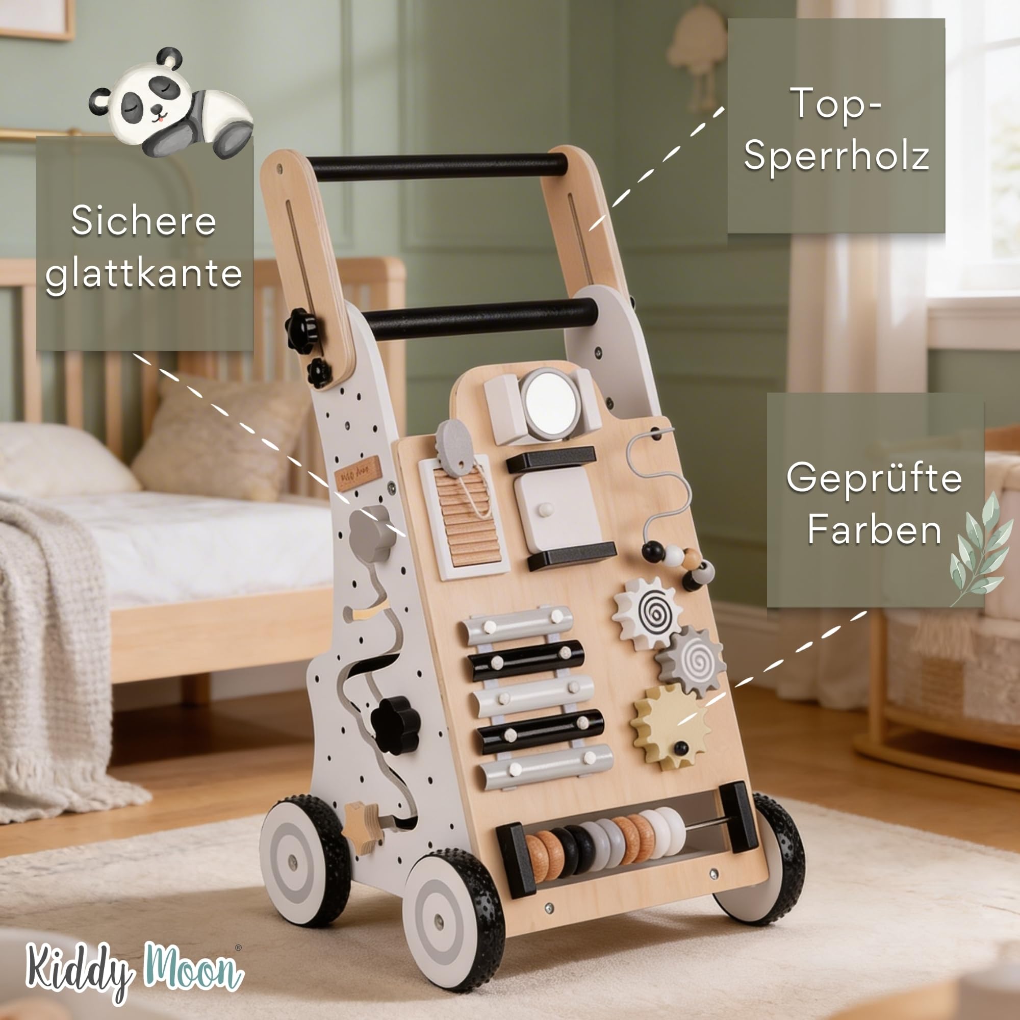 KiddyMoon Lauflernwagen Aus Holz Für Kinder Lauflernhilfe Spaß Babys, Laufen Lernen, Multifunktion Holzspielzeug Für Kleinekinder Montessori-Spielzeug WK-001, Schwarz - Weiß