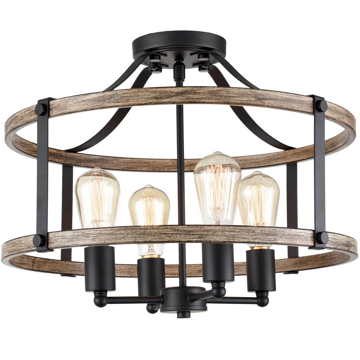 Farmhouse Light Fixtures Ceiling 4-Light Semi Flush Mount Light 18-Inch Rustic Drum Cage Semi Flush Mount Ceiling Light for Bedroom Hallway Kitchen, Black and Wood Grain Finish
