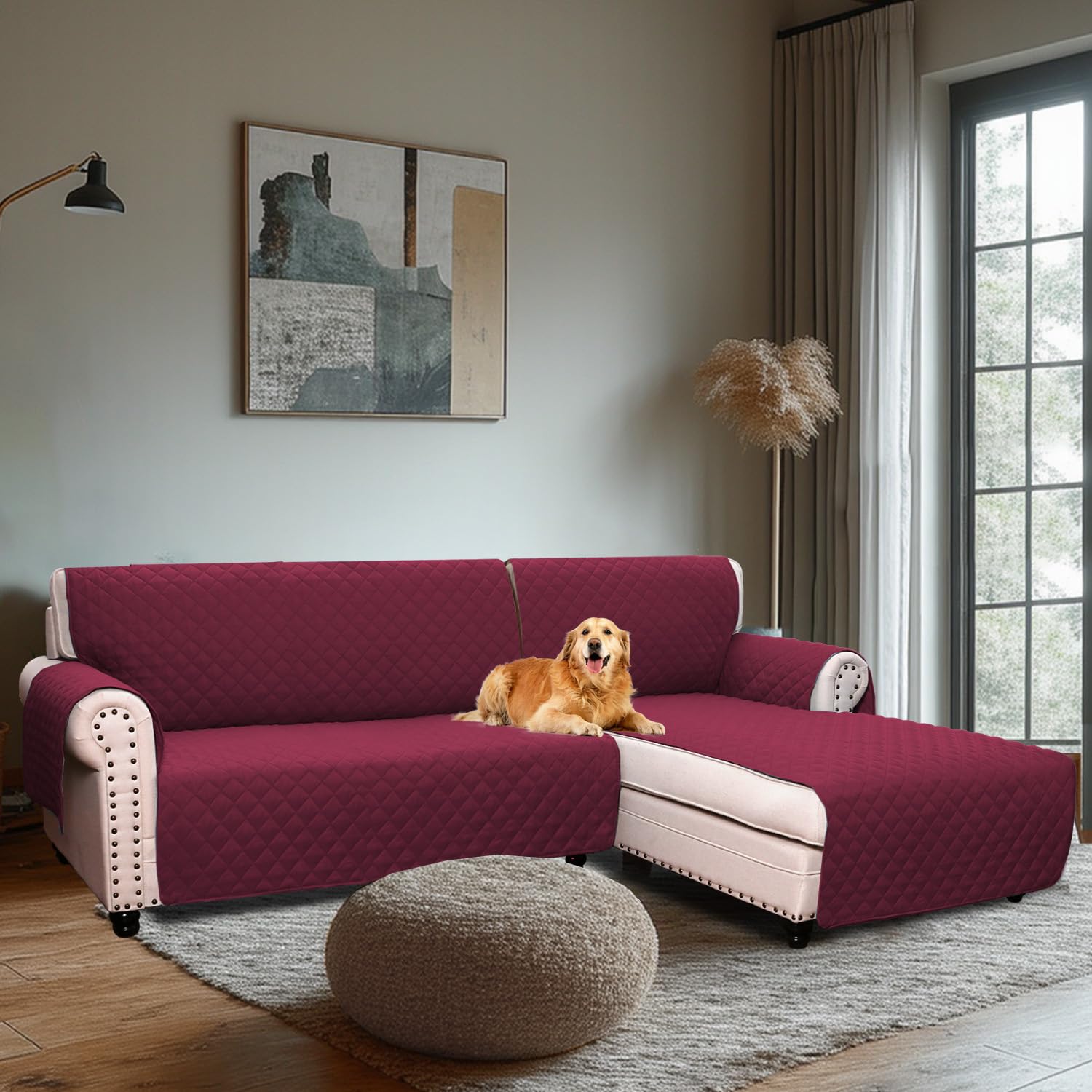 H.Versailtex Water Resistant Sofa Covers for Sectional Sofa 2-Piece Non Slip Corner Sofa Cover Sectional Couch Cover L Shaped for Dogs (Right Chaise Lounge Cover + 3 Seat Sofa Cover, Burgundy)